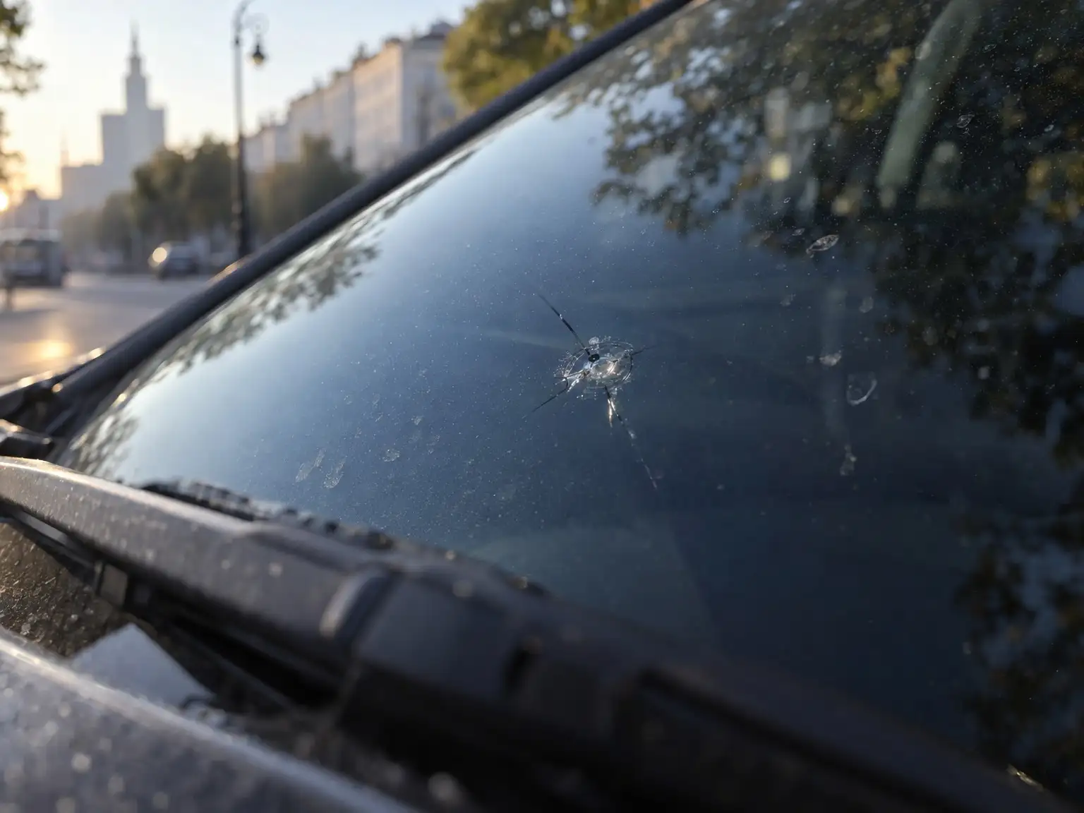 Pęknięcie typu gwiazdka na szybie samochodowej, które zimą może się powiększyć, gdy odmrażacz do szyb zastąpi gorąca woda