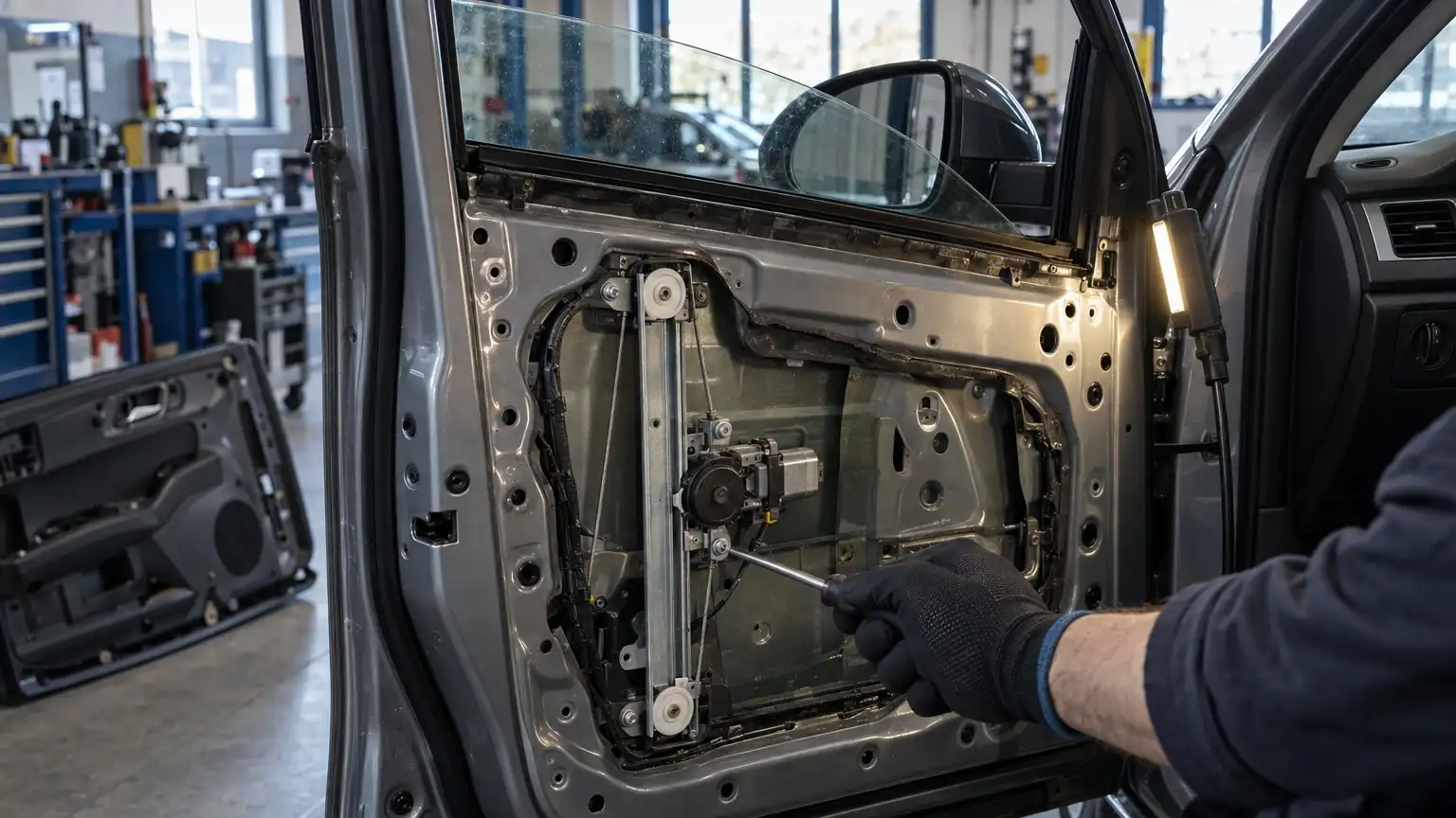 Mechanizm podnośnika szyby w drzwiach ze zdjętą tapicerką